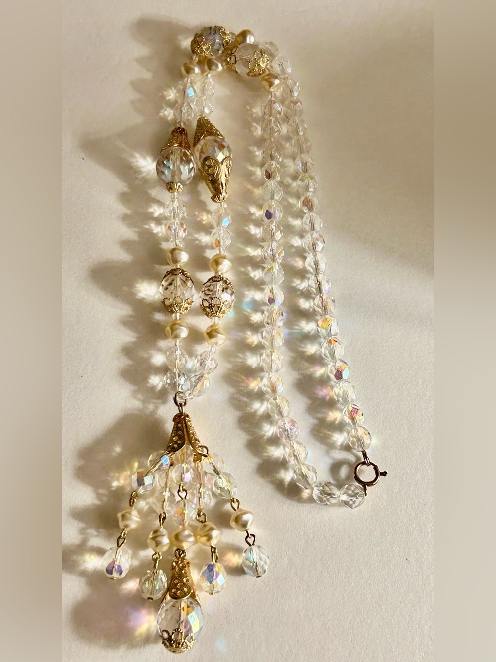 Vintage Necklace Aurora Borealis crystals, faux pearl, gold filigree caps,tassel